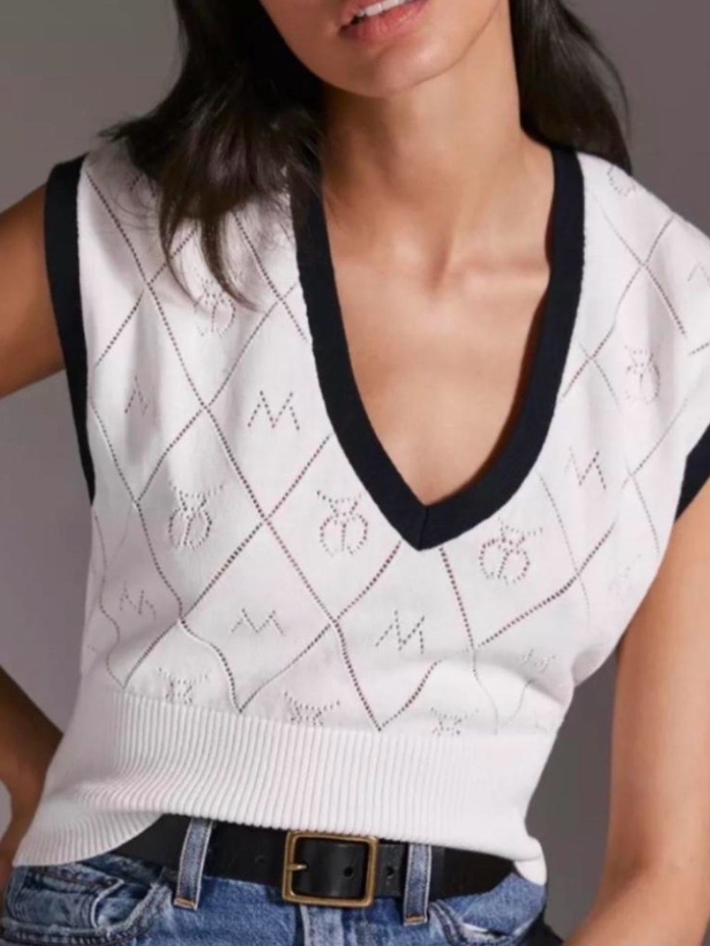 Maeve Violette Icon Logo Pointelle Sweater Vest White Black Size Small